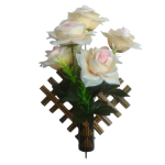 artificial rose flower arrangement in a bamboo wall planter. HOME DECOR