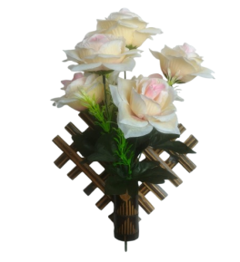 artificial rose flower arrangement in a bamboo wall planter. HOME DECOR